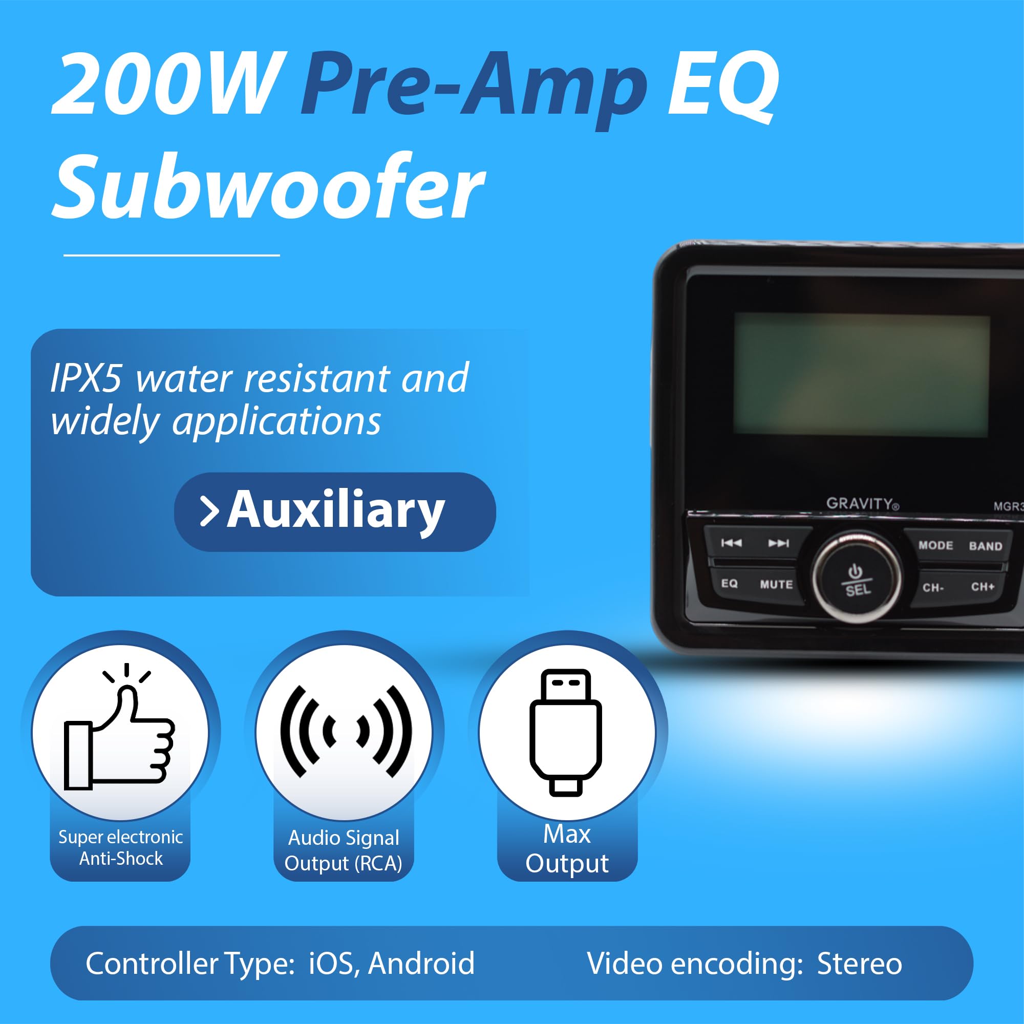 Gravity MGR3 Marine Stereo Receiver with 200W, Multi-Mode Playback (USB, SD, AUX, FM), Remote Control, Works with Bluetooth, and Weatherproof Design for Cars, Boats, ATVs, Motorcycles, and RVs. Gravity MGR3 Marine Stereo Receiver with 200W, Multi-Mode Playback (USB, SD, AUX, FM), Remote Control, Works with Bluetooth, and Weatherproof Design for Cars, Boats, ATVs, Motorcycles, and RVs.